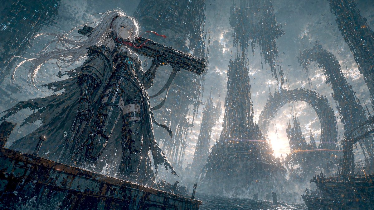 A mecha girl mid-teens, pale skin smudged with soot and salt spray, sharp amber…