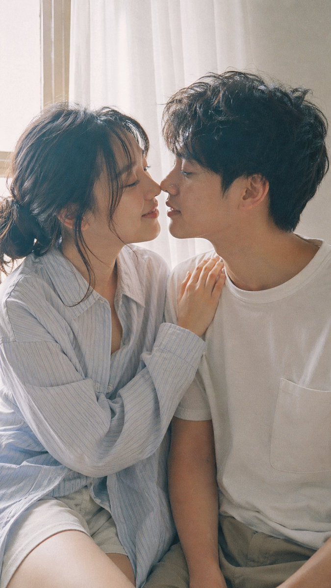 9:16 vertical — Japanese Fuji film style couple portrait, two subjects  Fujifil…