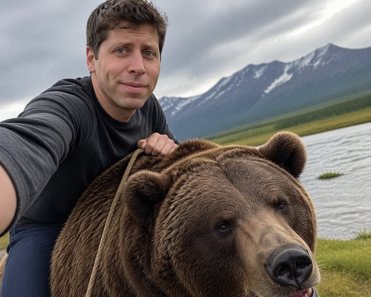 generate image: Selfie of Sam Altman riding a bear